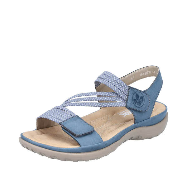 Rieker 64870-14 women's blue Touch fastening sandal with striped straps, cushioned insole, and supportive sole.
