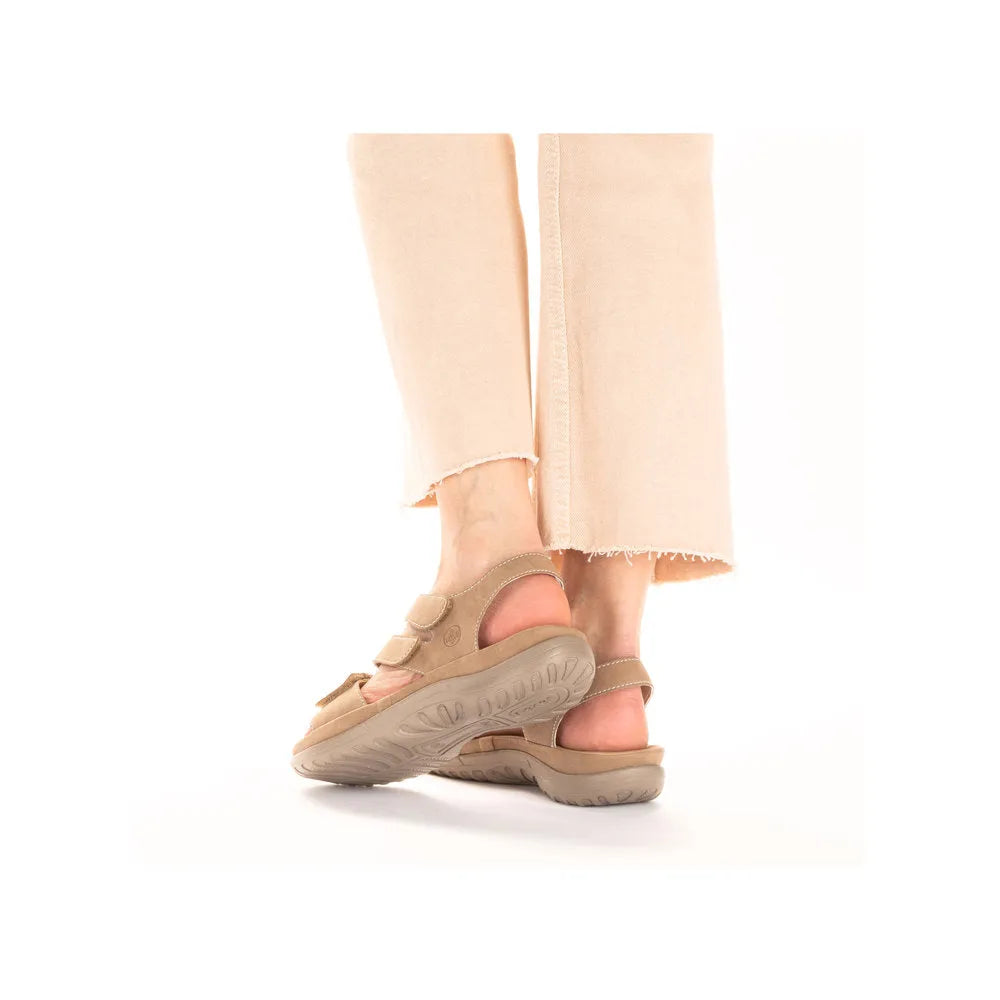Beige Rieker 64870-62 ladies slip-on touch fastening sandals, open-toe design, cushioned sole, and adjustable straps.