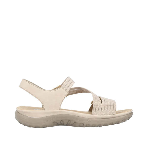 Beige and white touch fastening sandals with elastic straps and a cushioned sole, ideal for comfort and style.