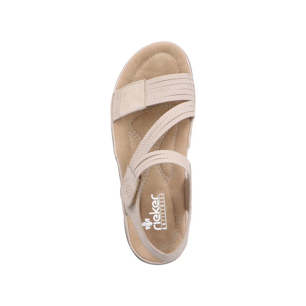 Beige and white touch fastening sandals featuring a cushioned footbed and X-pattern straps for comfort and style.