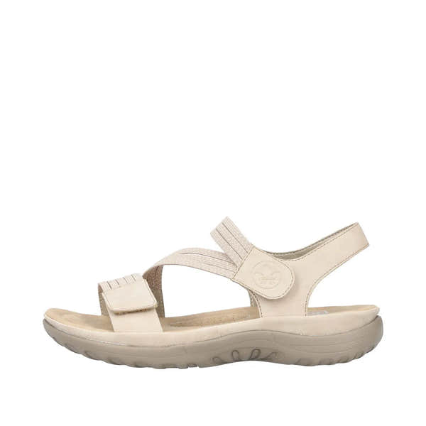 Beige/white touch-fastening sandal with straps, cushioned sole, and open heel for women.