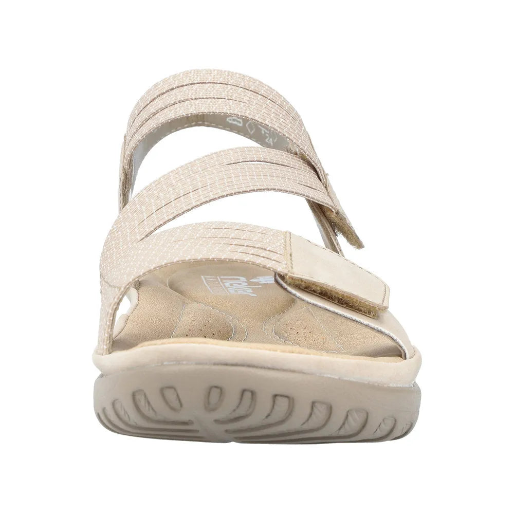 Beige/white touch fastening sandal with three straps, cushioned sole, and textured outsole for women.