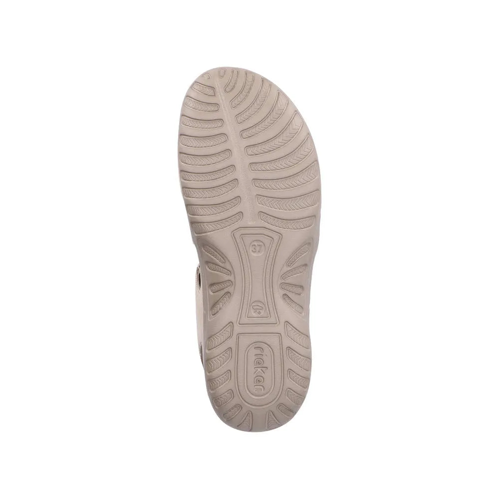 Beige and white Rieker touch fastening sandals featuring a comfortable, textured sole for enhanced grip and support.