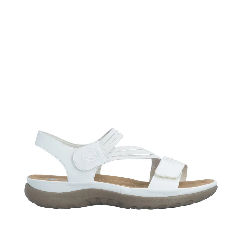 White Rieker ladies' sandals with touch fastening straps and cushioned sole, ideal for comfort and style.