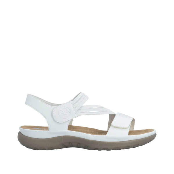 White Rieker ladies' sandals with touch fastening straps and cushioned sole, ideal for comfort and style.