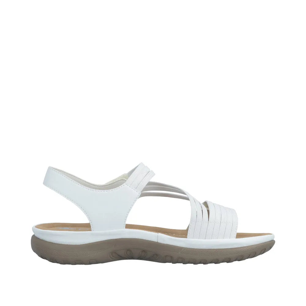 White leather ladies' sandals with elastic straps, touch fastening, and beige sole, style Rieker 64870-81.