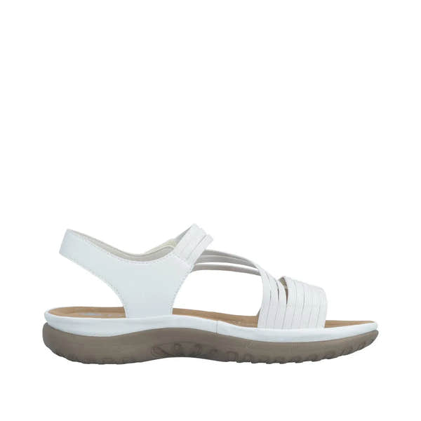 White leather ladies' sandals with elastic straps, touch fastening, and beige sole, style Rieker 64870-81.