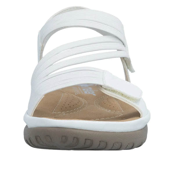 White Rieker touch-fastening sandals with elastic straps, cushioned insole, and flexible rubber sole for comfort.