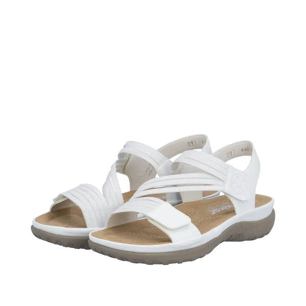 White touch fastening sandal with multiple elastic straps, cushioned insole, and beige outsole for women.