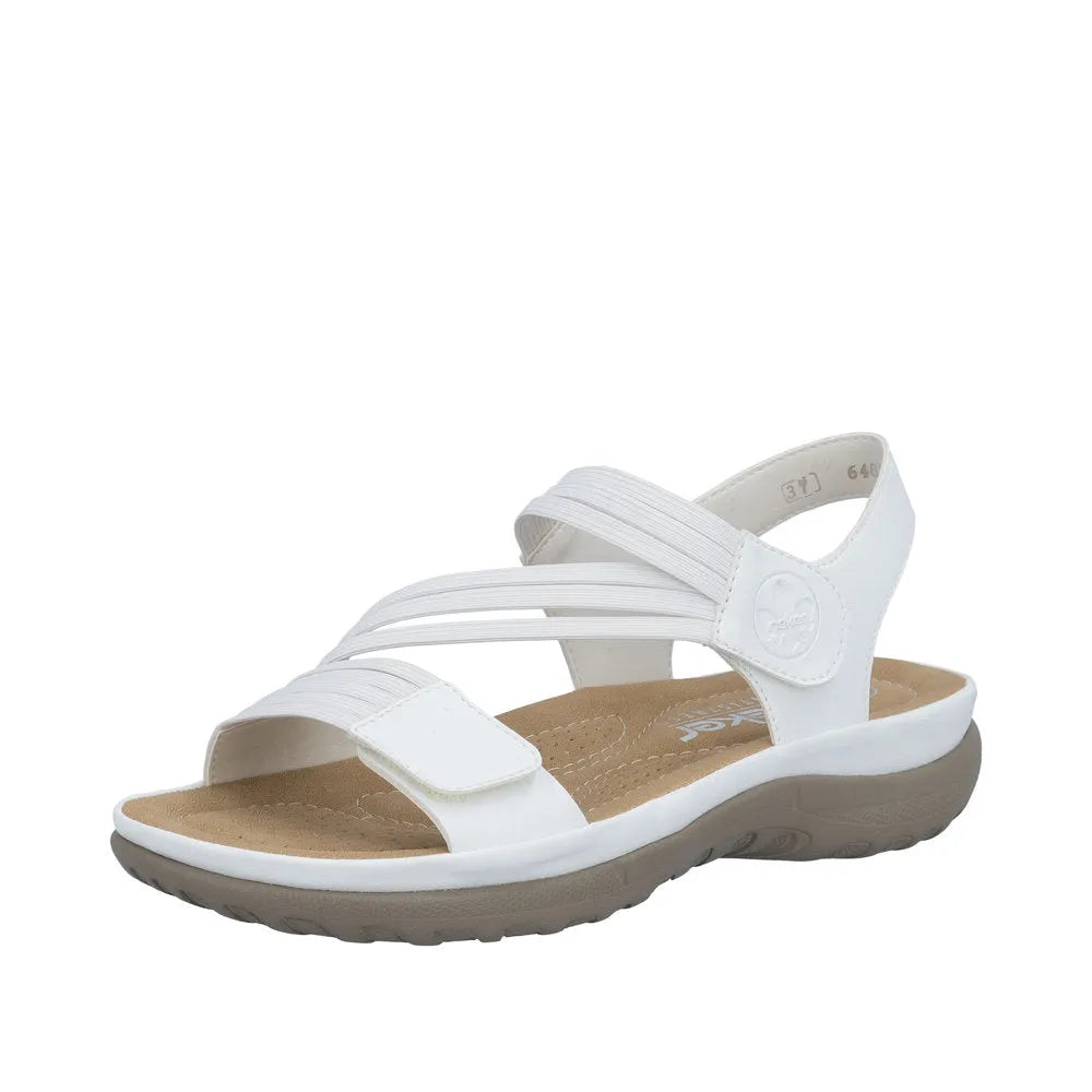 White touch fastening women's sandals with multiple straps, cushioned beige insole, and flexible gray sole.