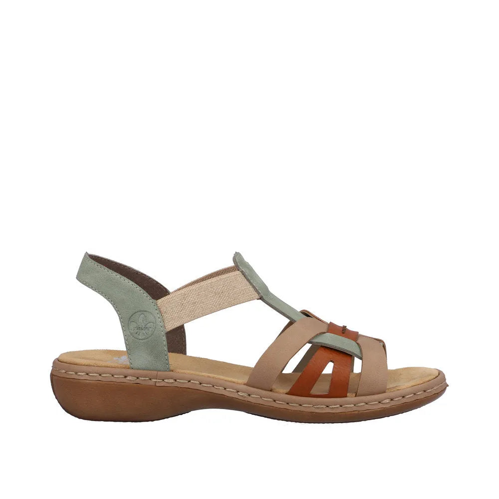 Rieker 65918-52 women's touch fastening sandals in mint, cayenne, beige with a low wooden heel and multicolor straps.