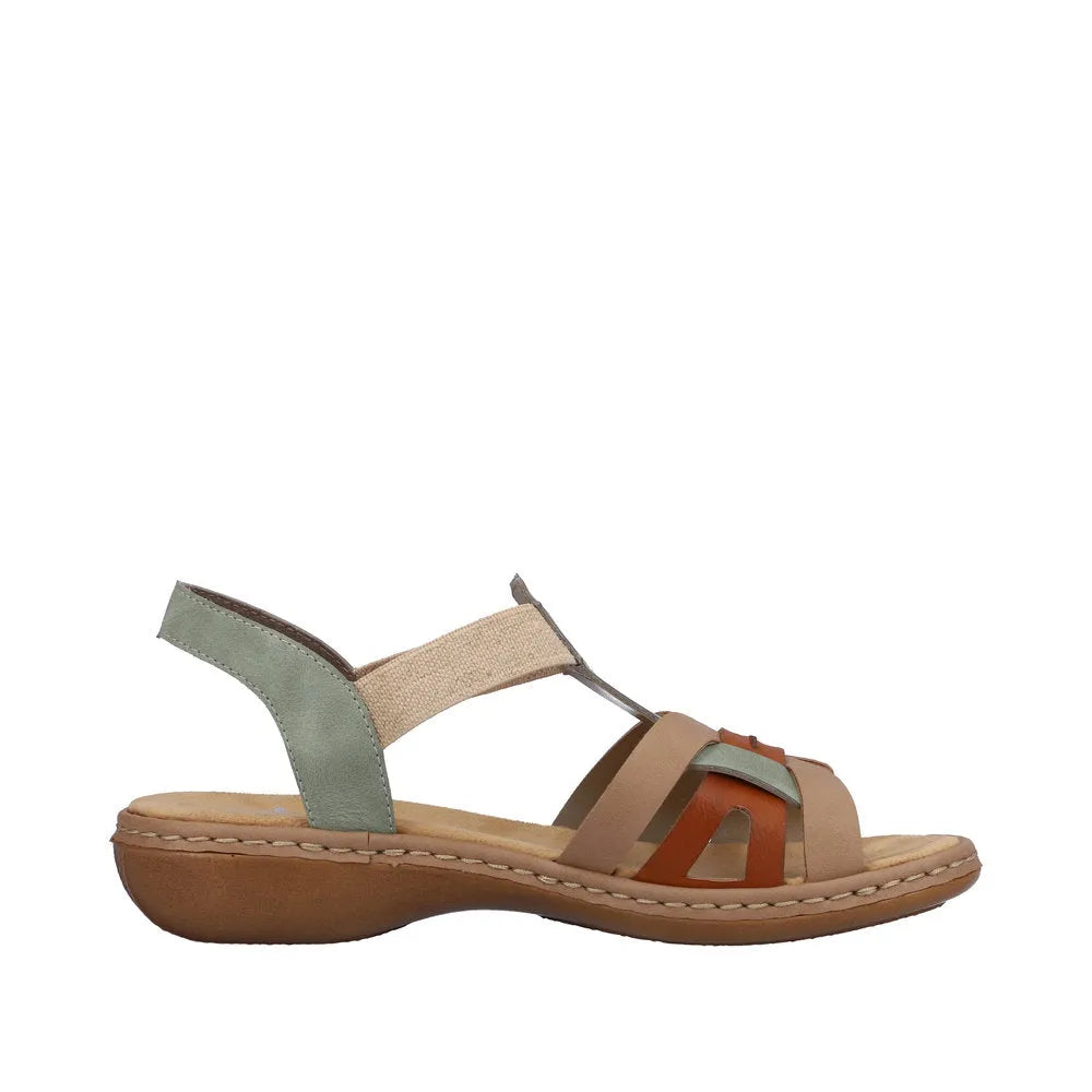 Rieker 65918-52 women's touch fastening sandals in mint, cayenne, and beige with multi-strap design and cushioned sole.