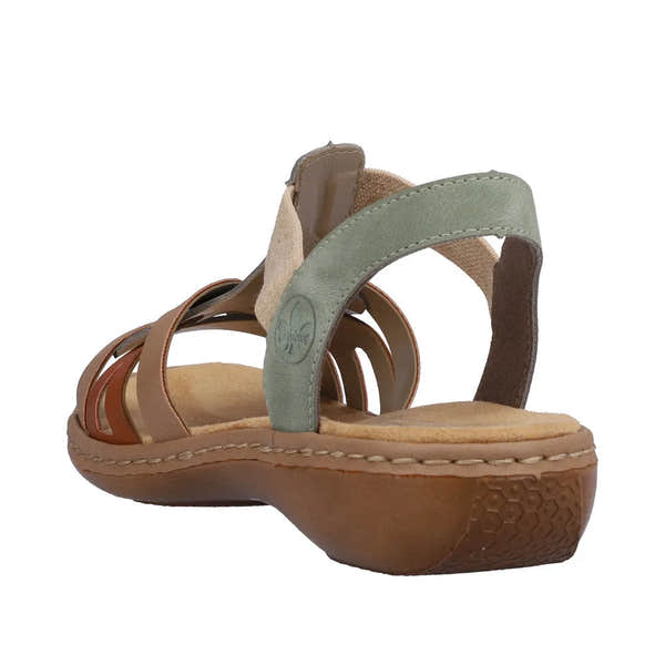 Rieker 65918-52 women's touch fastening sandals in mint, cayenne, and beige with cushioned insole and textured rubber sole.