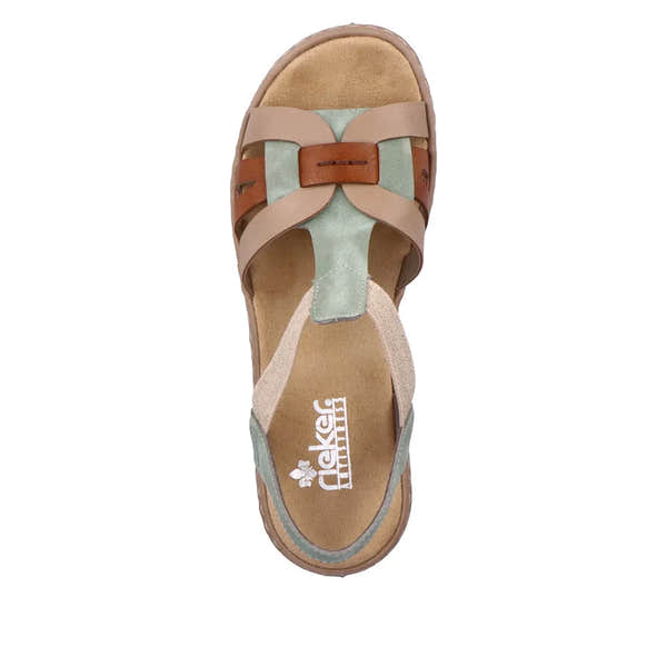 Rieker 65918-52 women's touch fastening sandals in mint, cayenne, and beige with multi-strap design and cushioned insole.