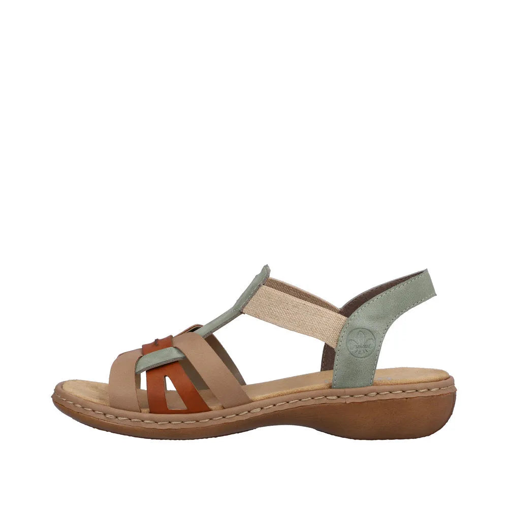 Rieker 65918-52 women's touch fastening sandals in mint, cayenne, and beige with a cushioned footbed and low wedge heel.