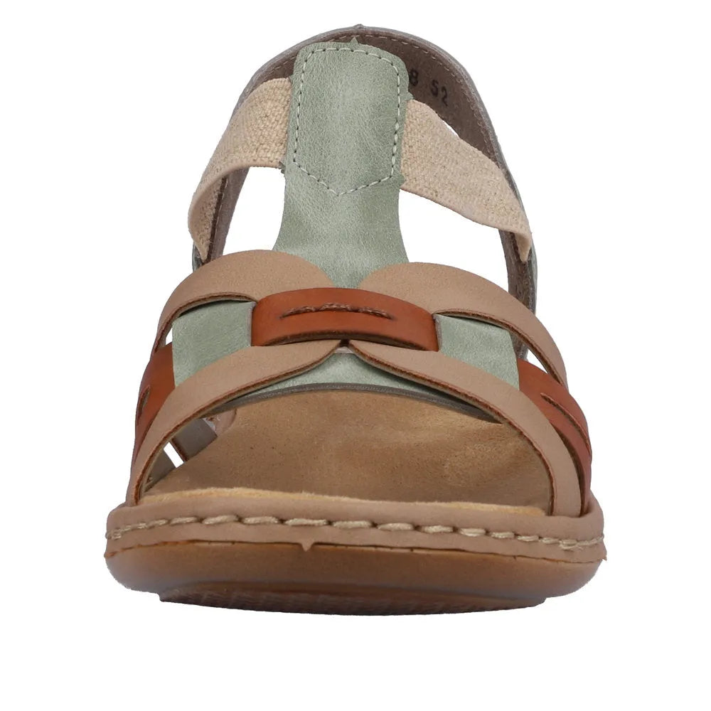 Rieker 65918-52 women's touch fastening sandals in mint, cayenne, and beige with open toe design and adjustable straps.