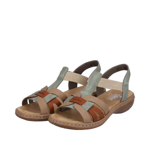 Rieker 65918-52 women's touch fastening sandals in mint, cayenne, and beige with cushioned insoles and multi-strap design.
