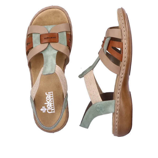 Rieker ladies' mint, cayenne, and beige touch-closure sandals with strappy design and cushioned footbed.