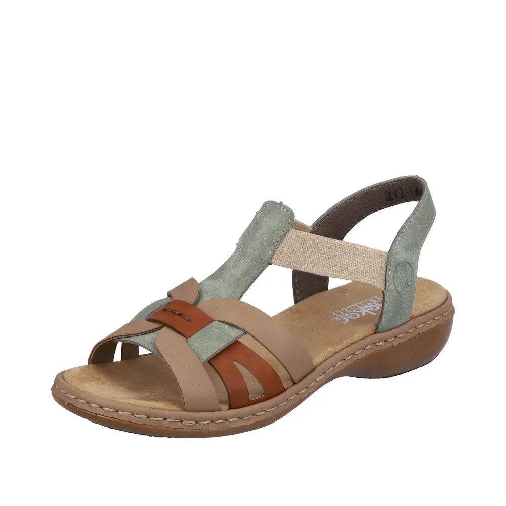 Rieker 65918-52 women's touch fastening sandals in mint, cayenne, and beige with woven straps and cushioned sole.