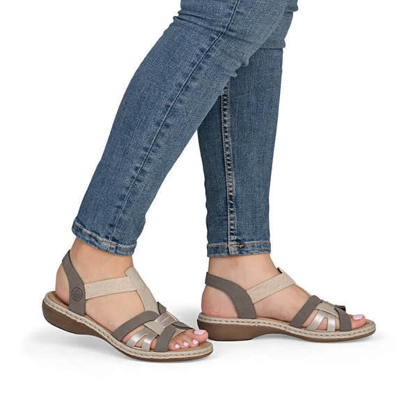 Rieker 65918-64 women's grey and champagne elasticated sandals with open toe and comfortable sole.