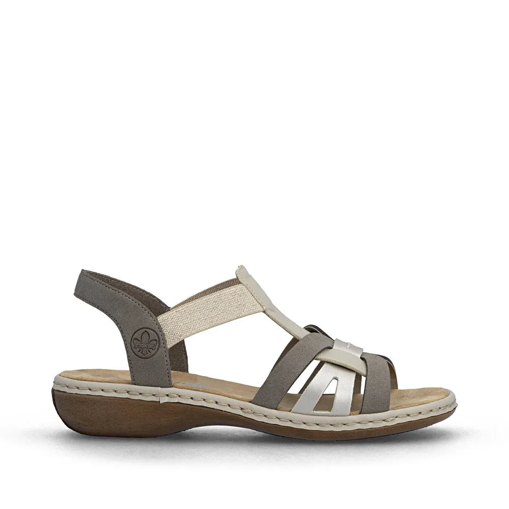 Rieker 65918-64 ladies grey and champagne elasticated open-toe sandals with cushioned sole and low wedge heel.