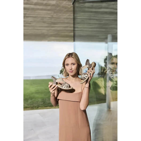 Rieker 65918-64 ladies grey and champagne elasticated sandals, stylish open-toe footwear with adjustable straps, ideal for summer wear.