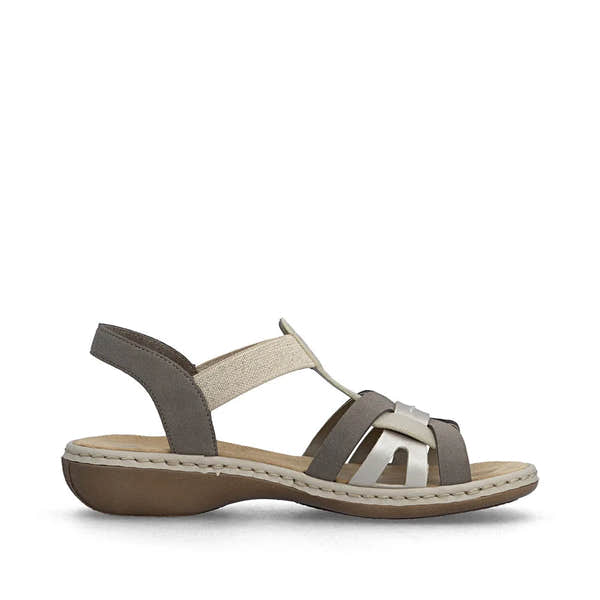 Rieker 65918-64 Ladies Grey/Champagne elasticated low-heel sandals with strap details and cushioned footbed.