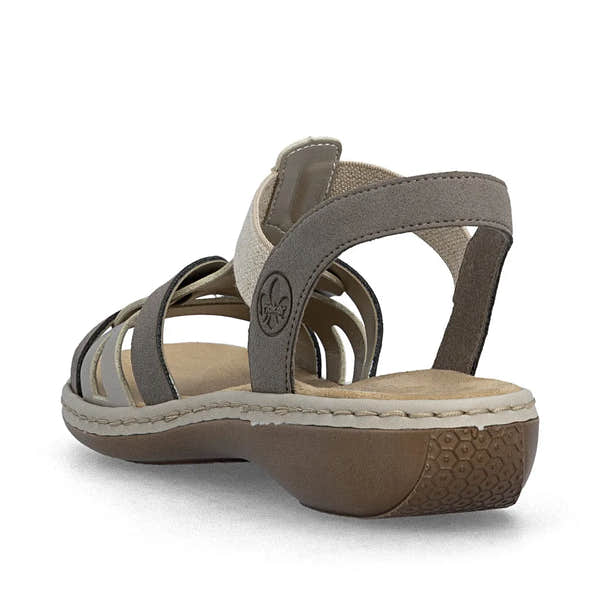 Rieker 65918-64 women's grey and champagne elasticated sandal with cushioned insole and slip-resistant sole.