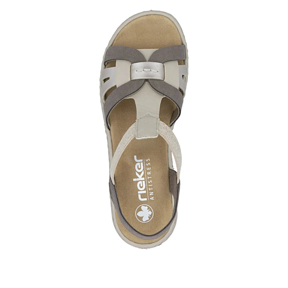 Rieker 65918-64 women's elasticated grey and champagne casual sandals with cushioned footbed and open-toe design.
