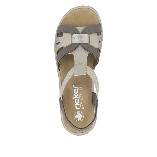 Rieker 65918-64 women's elasticated grey and champagne casual sandals with cushioned footbed and open-toe design.