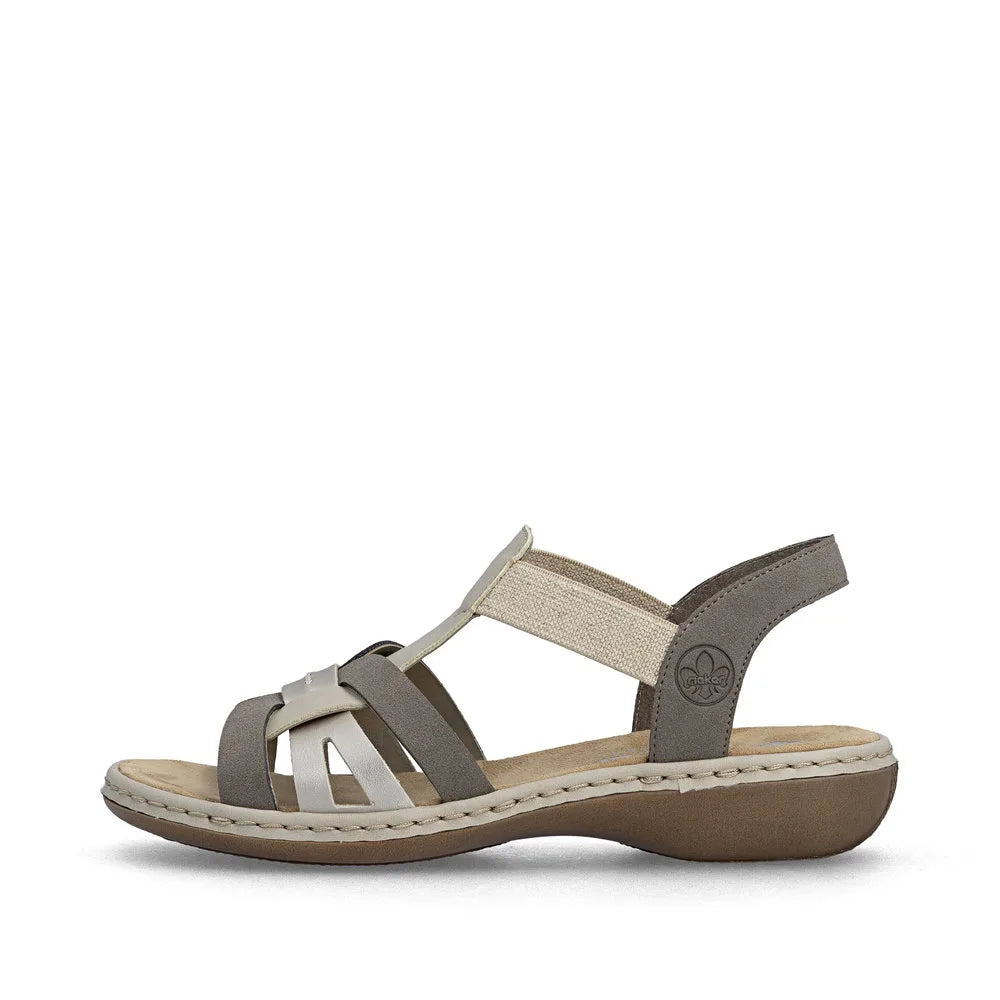 Rieker 65918-64 women's grey and champagne elasticated sandals, cushioned sole, comfortable summer footwear.