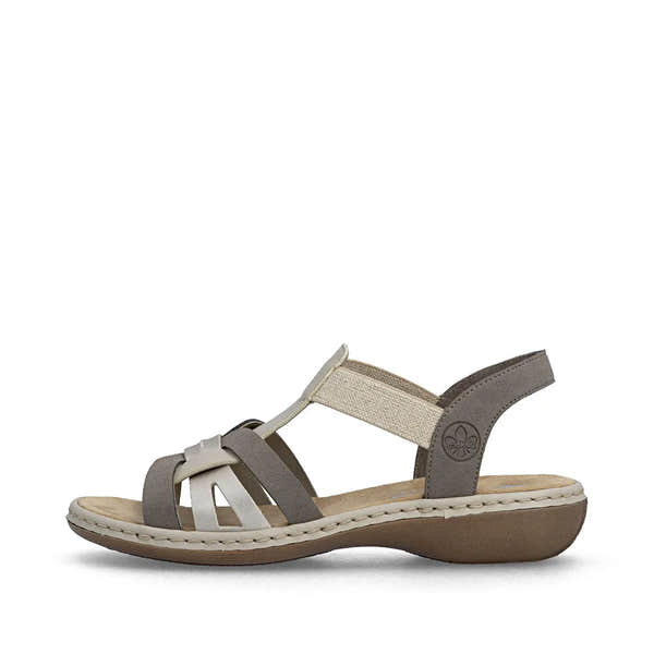 Rieker 65918-64 women's grey and champagne elasticated sandals, cushioned sole, comfortable summer footwear.