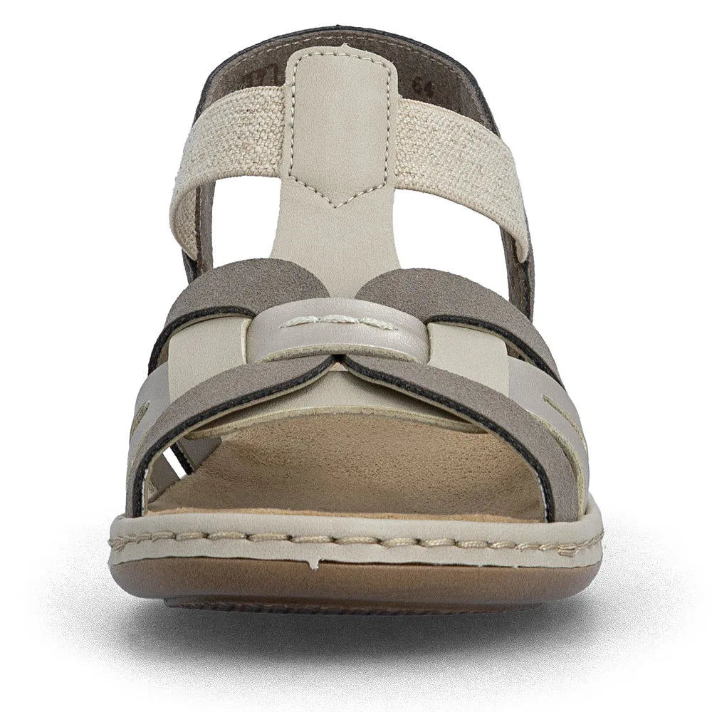 Rieker 65918-64 women's grey and champagne elasticated open-toe sandals with cushioned footbed and durable sole.