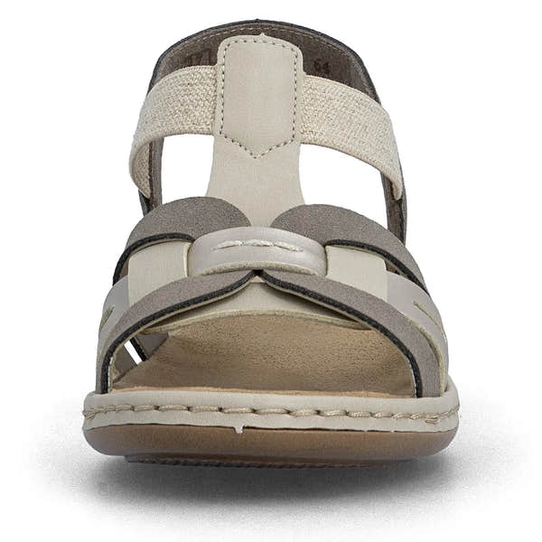 Rieker 65918-64 women's grey and champagne elasticated open-toe sandals with cushioned footbed and durable sole.