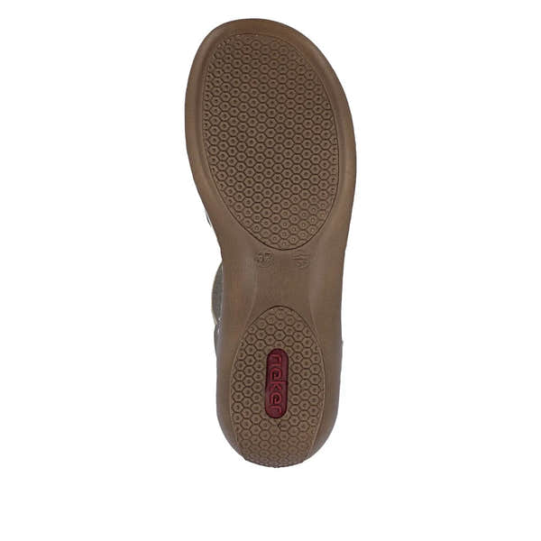 Rieker 65918-64 women's grey and champagne elasticated sandals with textured sole and slip-on design.