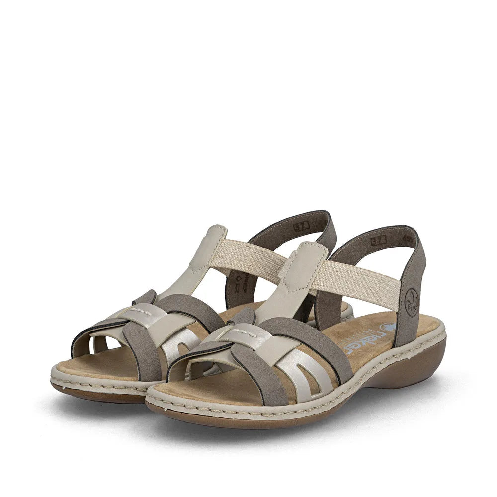 Rieker 65918-64 women's grey and champagne elasticated open-toe sandals with cushioned footbed and low heel.