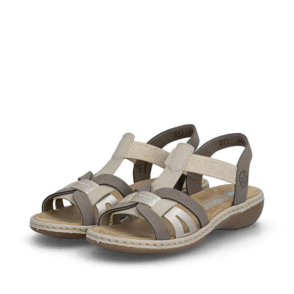 Rieker 65918-64 women's grey and champagne elasticated open-toe sandals with cushioned footbed and low heel.