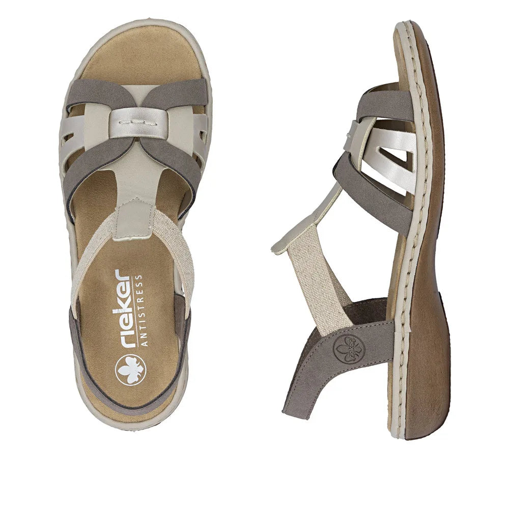 Rieker 65918-64 ladies grey and champagne elasticated sandals with open toe, cushioned insole, and adjustable straps.