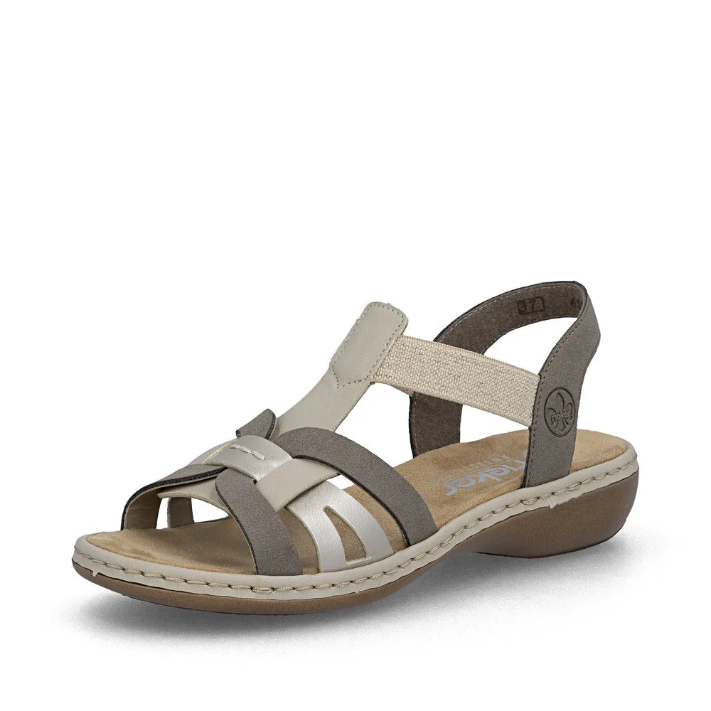 Rieker 65918-64 women's grey/champagne elasticated sandals with cushioned footbed and low wedge heel, stylish and comfortable summer footwear.