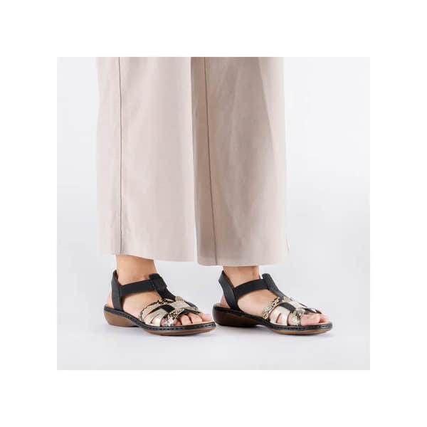 Rieker 65918-92 women's black touch fastening sandals with patterned straps and ankle straps, flat sole, stylish and comfortable footwear.
