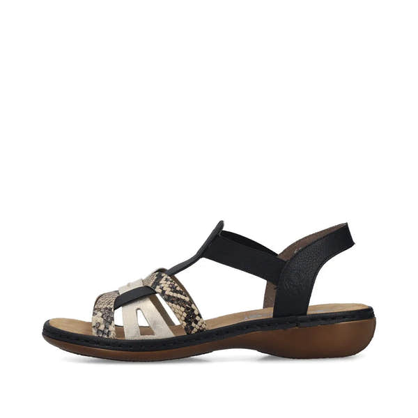 Rieker 65918-92 women's black touch fastening sandals with snake print and open toe design.