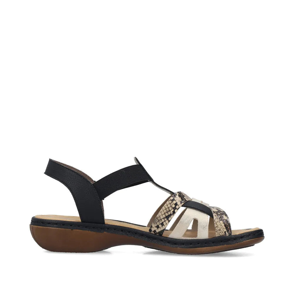 Rieker 65918-92 women's black touch fastening sandals with snake-print accents, open toe, and low wedge sole.