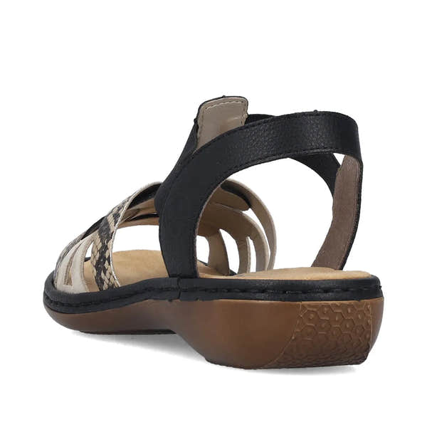 Rieker 65918-92 women's black touch fastening sandals with patterned and solid straps, cushioned insole, and slip-on design.