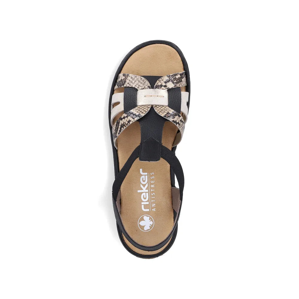 Rieker 65918-92 women's black touch fastening sandals with snakeskin pattern straps and cushioned footbed.