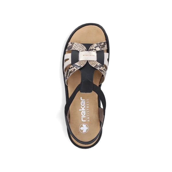 Rieker 65918-92 women's black touch fastening sandals with snakeskin pattern straps and cushioned footbed.