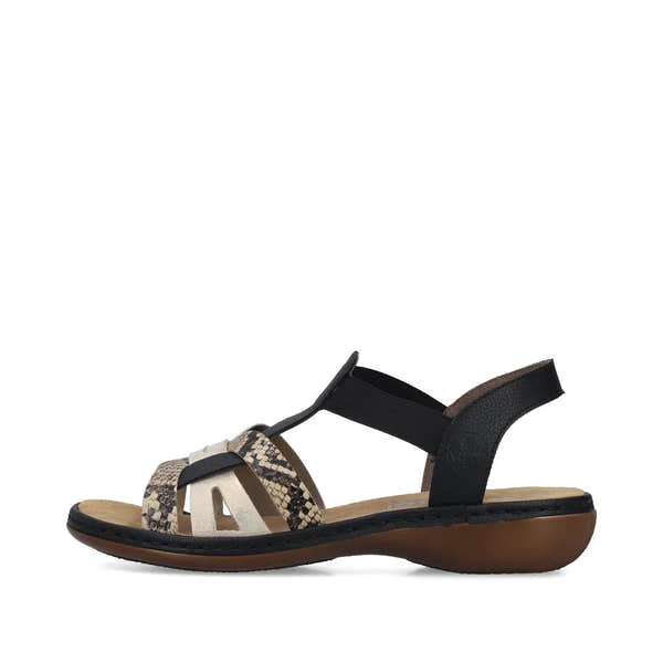 Rieker 65918-92 women's black touch fastening sandals with snakeskin accents and cushioned footbed.