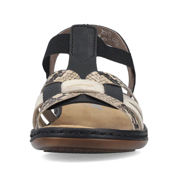 Rieker 65918-92 women's black touch fastening sandals with snakeskin-patterned straps and comfortable cushioned footbed.