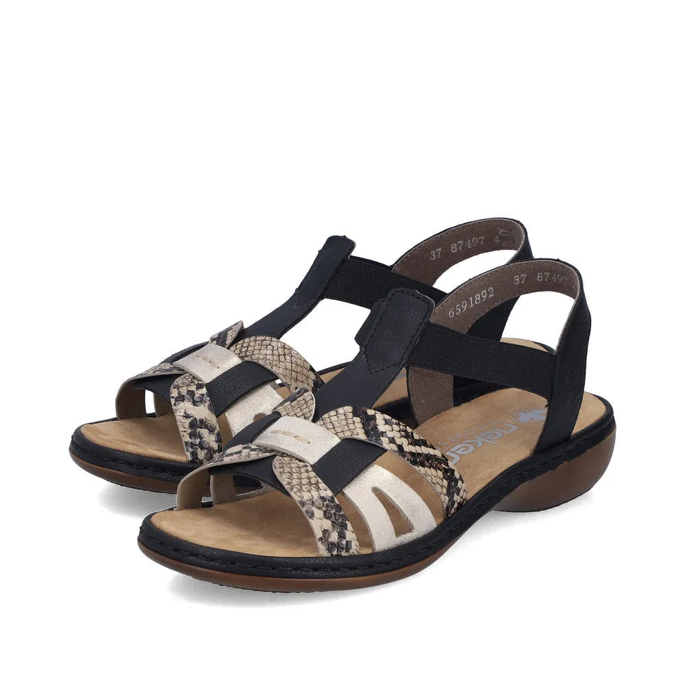 Rieker 65918-92 women's black touch fastening sandal with snake-print straps and cushioned footbed.