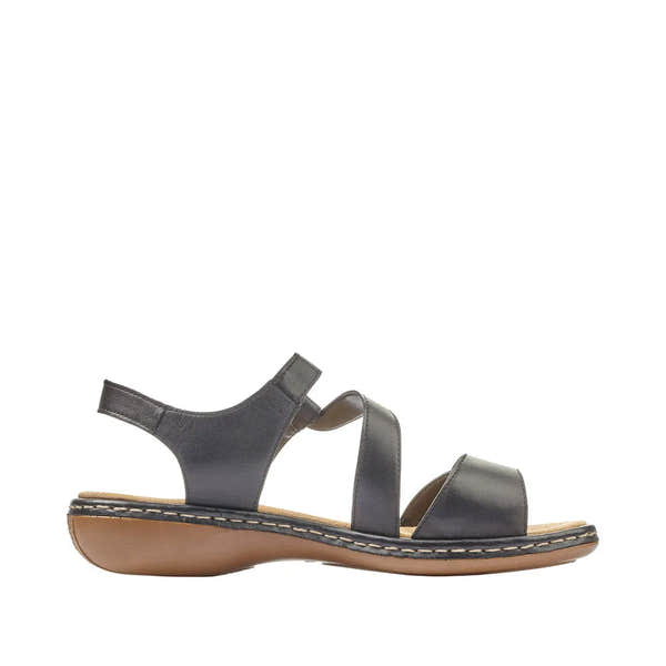 Rieker 659C7-00 ladies black leather touch fastening sandals with cushioned sole and low wedge heel.
