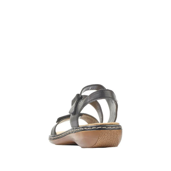 Rieker 659C7-00 women's black leather touch fastening sandals with adjustable straps and cushioned sole.